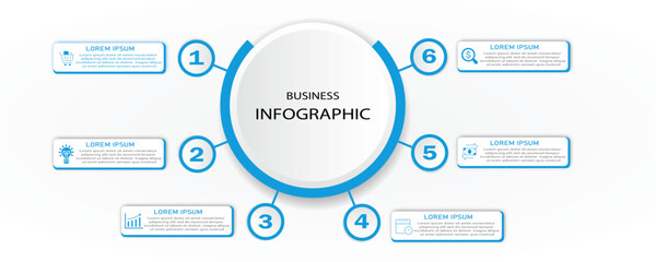 Business process with timeline and icon - Infographic 6 steps or options cycle for visualization business information - Modern blue vector illustration for web, presentation, futuristic design 