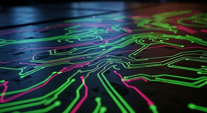 Cool abstract background of glowing green and pink circuits on a dark surface