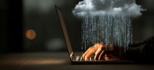 Hands typing on a laptop with a cloud and falling binary code