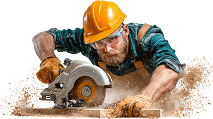 Crafting with Precision: A skilled carpenter, clad in protective gear, meticulously cuts wood with a power saw, embodying precision and craftsmanship in every action.