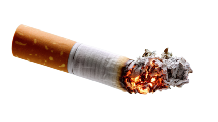 Burning Cigarette: A studio shot captures a single lit cigarette, its tip glowing with burning embers and ash, representing the dangers and health risks of smoking.