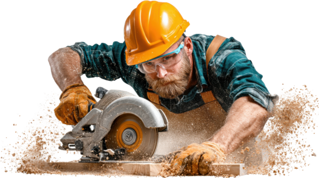 Crafting with Precision: A skilled carpenter, clad in protective gear, meticulously cuts wood with a power saw, embodying precision and craftsmanship in every action.