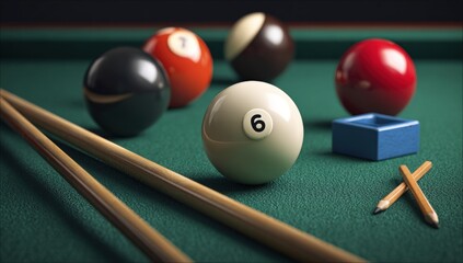 Pool table scene with balls and cues