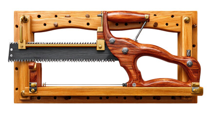 Precision Tool: An exquisitely crafted wooden frame saw, meticulously designed for precision woodworking, showcases a blend of artistry and functionality. The saw, with its robust design.