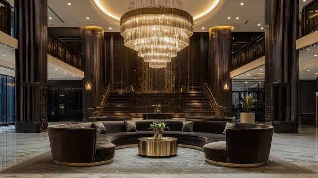A large living room with a large chandel and a round couch