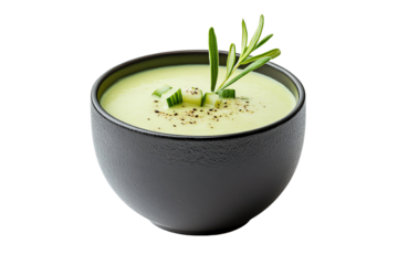 A delicious bowl of creamy green soup garnished with herbs and fresh vegetables.