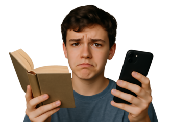 Teen Boy with Book and Phone Isolated on Transparent Background