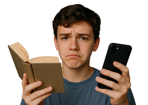Teen Boy with Book and Phone Isolated on Transparent Background - Powered by Adobe