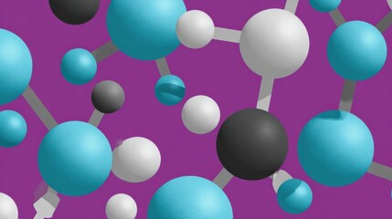 Molecules in various colors and sizes create an intricate pattern against a striking purple backdrop, illustrating scientific concepts and research.