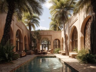 A pool is in the middle of a courtyard with palm trees. The pool is surrounded by a stone walkway