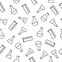 Doodle Science Lab Seamless Pattern. Hand Drawn Laboratory Glassware with Erlenmeyer Flask, Measuring Cylinder, and Volumetric Flask.