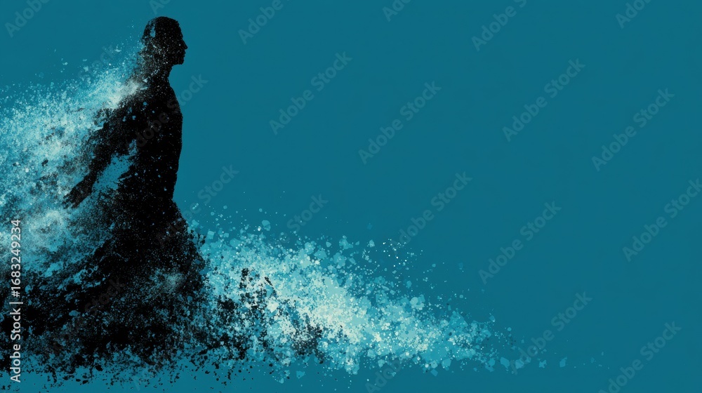 Poster a dynamic silhouette of a person emerges from fluid, abstract patterns in shades of blue, creating a