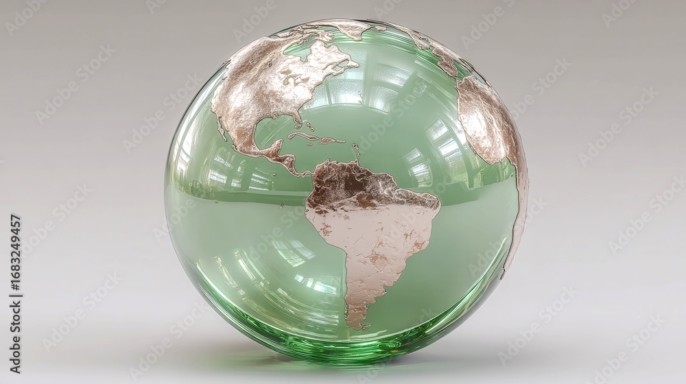 Poster a globe with a green surface and gold specks on it. the globe is placed on a white background