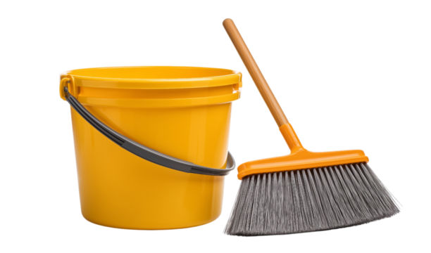 Yellow Bucket and Broom cleaning supplies isolated on a transparent background