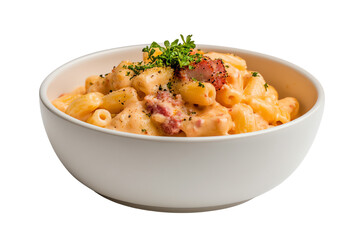 Delicious creamy macaroni and cheese topped with crispy bacon and fresh herbs in a white bowl.