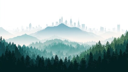 Misty mountain range with city skyline