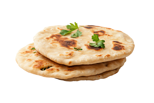 Delicious flatbreads garnished with fresh herbs on a white background.