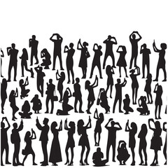 People Taking Photos Silhouette Set – Vector Illustration Group with Smartphones – Black and White Silhouettes Crowd Taking Pictures – Vector People Silhouette Design