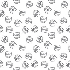 Doodle Burger Seamless Pattern. Hand Drawn Hamburger, Fast Food Repeat Background.