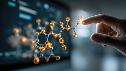 A hand interacts with a glowing molecular structure, symbolizing scientific exploration and innovation in a digital environment.