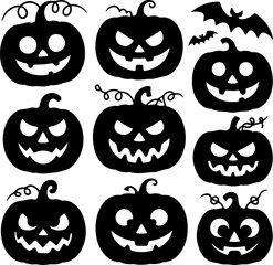 Set of Halloween pumpkin silhouettes with scary faces. Vector Jack-o'-lantern collection for holiday design