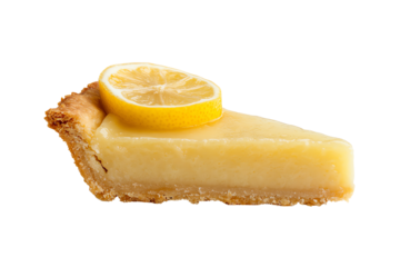 Delicious lemon pie slice with a fresh lemon wedge on top against a white background.