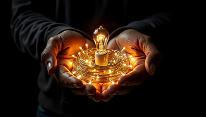 Hands holding illuminated lamp with string lights in dark setting  