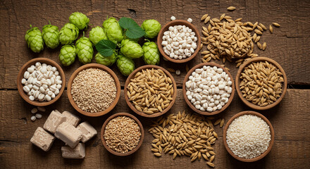 Various beer brewing ingredients: grains, hops, and yeast in bowls.