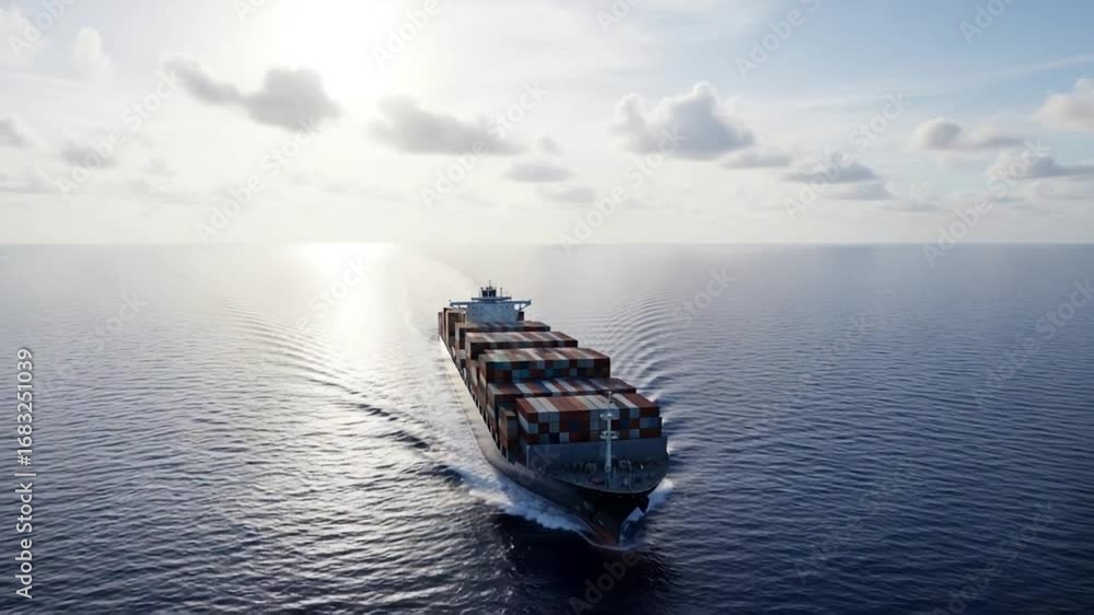 Poster aerial view of a large container ship sailing on the ocean under a cloudy sky with sun shining