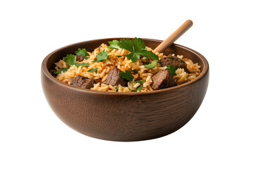 Delicious rice dish with beef and herbs in a stylish wooden bowl on a white background.