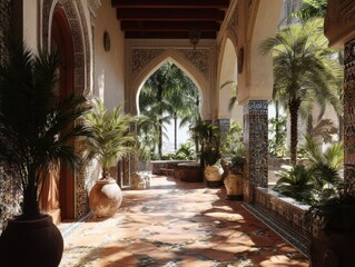 Fototapeta premium A long hallway with a lot of plants and vases. The plants are in the middle of the hallway and the vases are on the right side