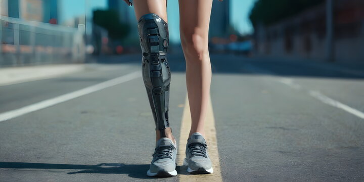 Female legs with prosthetic limb on city street, rehabilitation and sport concept