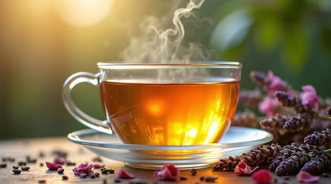 A glass cup of tea with flowers