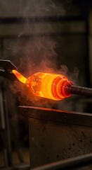 Close-up of glowing molten glass being shaped by a craftsman at a glassblowing workshop