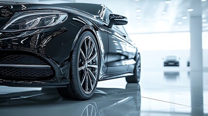 Modern black sedan polished floor reflection high resolution picture