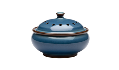 Blue ceramic incense burner with lid brown trim isolated on a transparent background