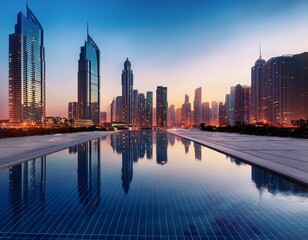 Fototapeta premium city skyline with modern skyscrapers reflecting in a central water feature during twilight