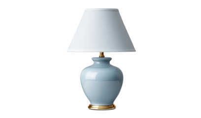 Light blue ceramic table lamp with white shade graphic isolated on a transparent background