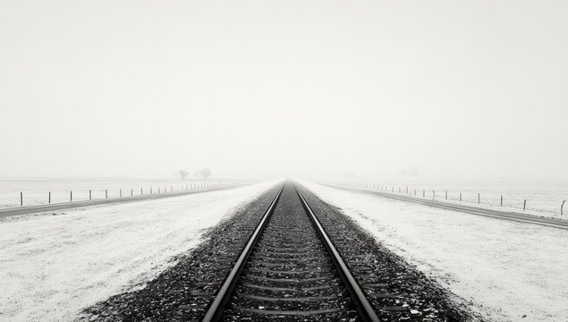 A grayscale winter landscape with train tracks - Powered by Adobe