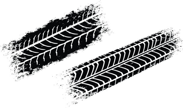 Two tire tracks one smeared  indistinct the other with defined grooves on a white backdrop
