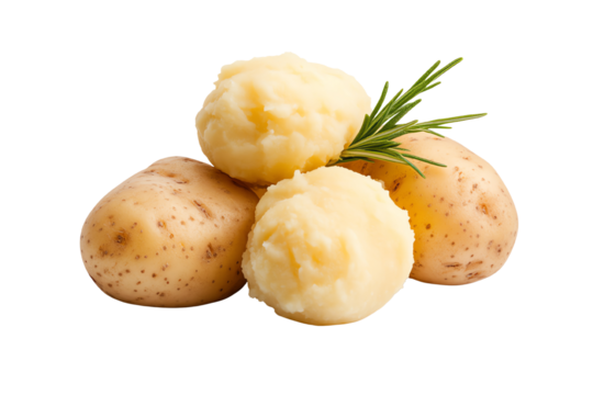Fresh mashed potatoes topped with a sprig of rosemary, showcasing rich texture and creamy consistency on white background.