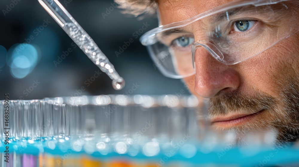 Poster a focused scientist uses a pipette to transfer liquid into test tubes, showcasing precision and atte