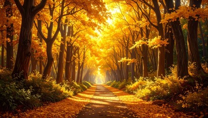 Obraz premium Tall tamarind trees stretching skyward, golden leaves drifting gently to the forest floor, forming a glowing path along a narrow trail, soft golden sunlight pouring through the canopy.