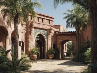 Fototapeta premium A brick building with a green tile archway. The archway is in front of a building with a red brick facade. There are potted plants on the sidewalk