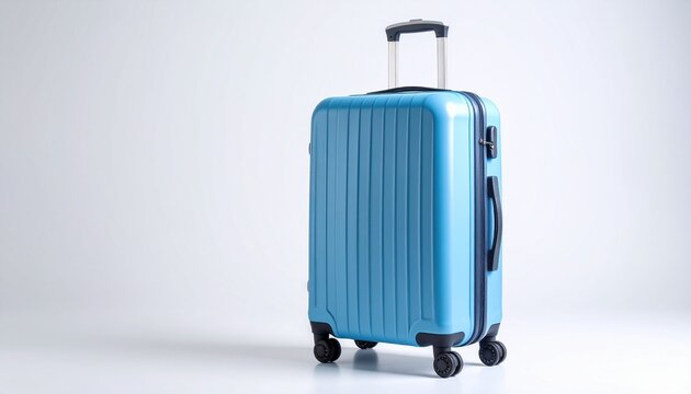 Blue hard-shell suitcase with vertical ribbed design, black wheels, and extended telescopic handle — set against a white background