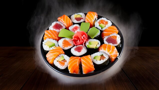 Delicious and fresh sushi platter with various rolls and ingredients artfully arranged