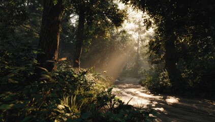 Sunlight filtering through a lush forest path (1)