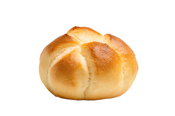 Freshly baked bread roll with a golden crust on a white background.