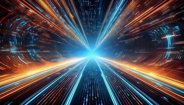 a futuristic journey through a virtual tunnel with abstract data networks and digital light beams flowing past symbolizing the next frontier of virtual reality and quantum technology
