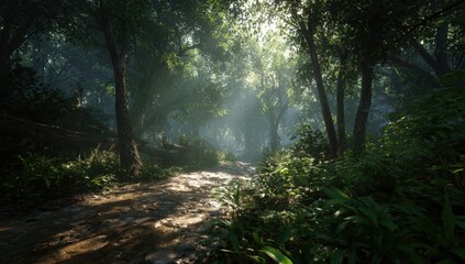 Obraz premium Lush jungle path bathed in sunlight